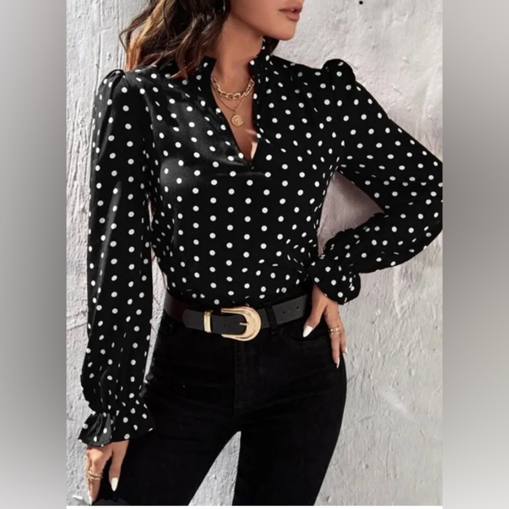 Women Polka Dot Long Sleeve Shirt Ladies Ruffle Casual Work Tunic Tops Blouse